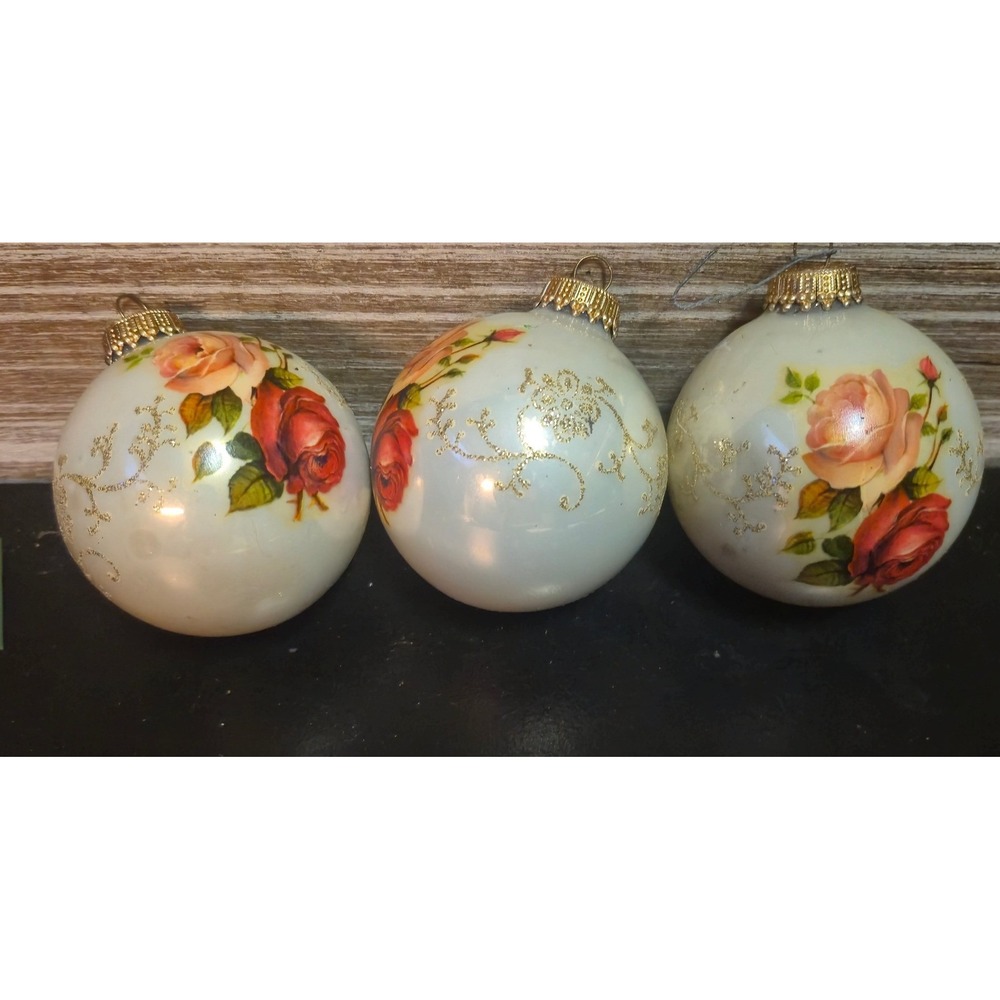 Vintageβ Style Glass Rose Christmas Ornaments Floral Gold Glitter Set of 3 White